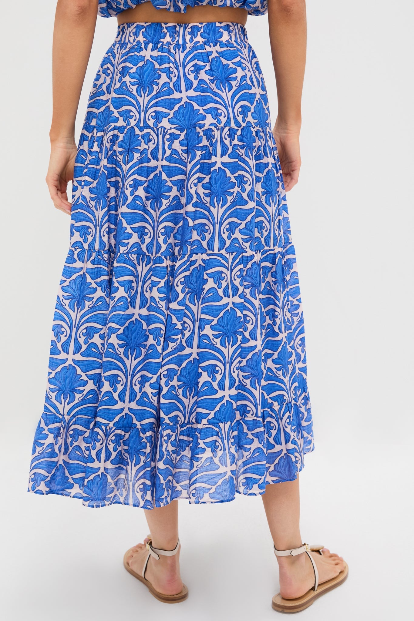 Blue Geometric Floral Porto Midi Skirt