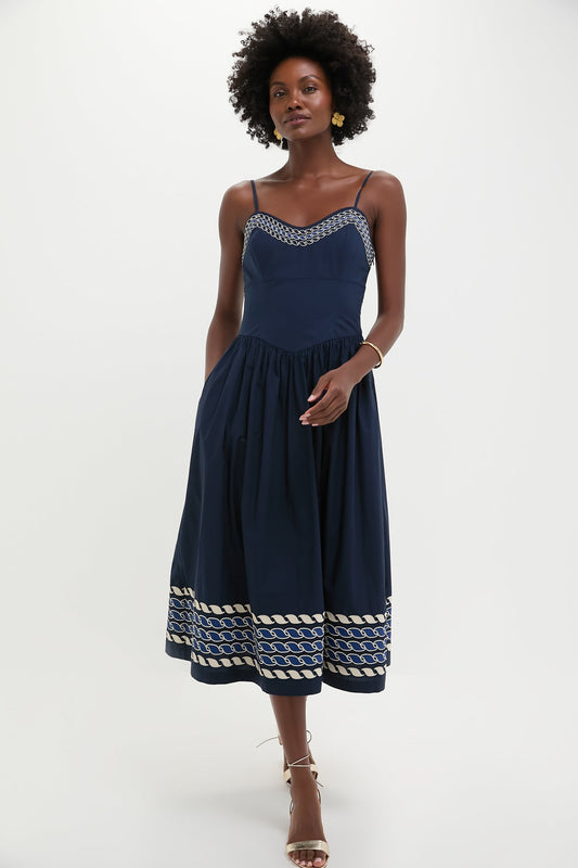Navy High Tide Embroidered Stripe Gabriella Dress