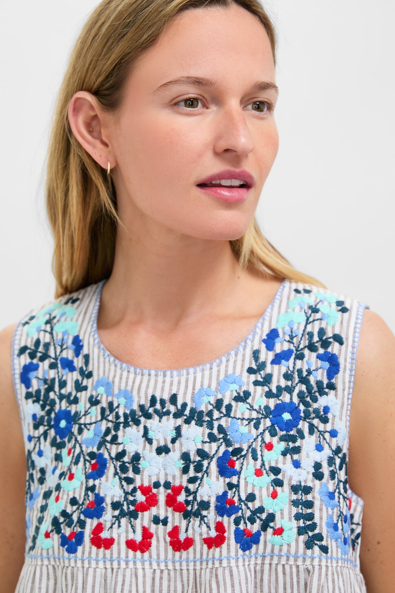 Tan Stripe Embroidered Linen Sunny Mini Dress