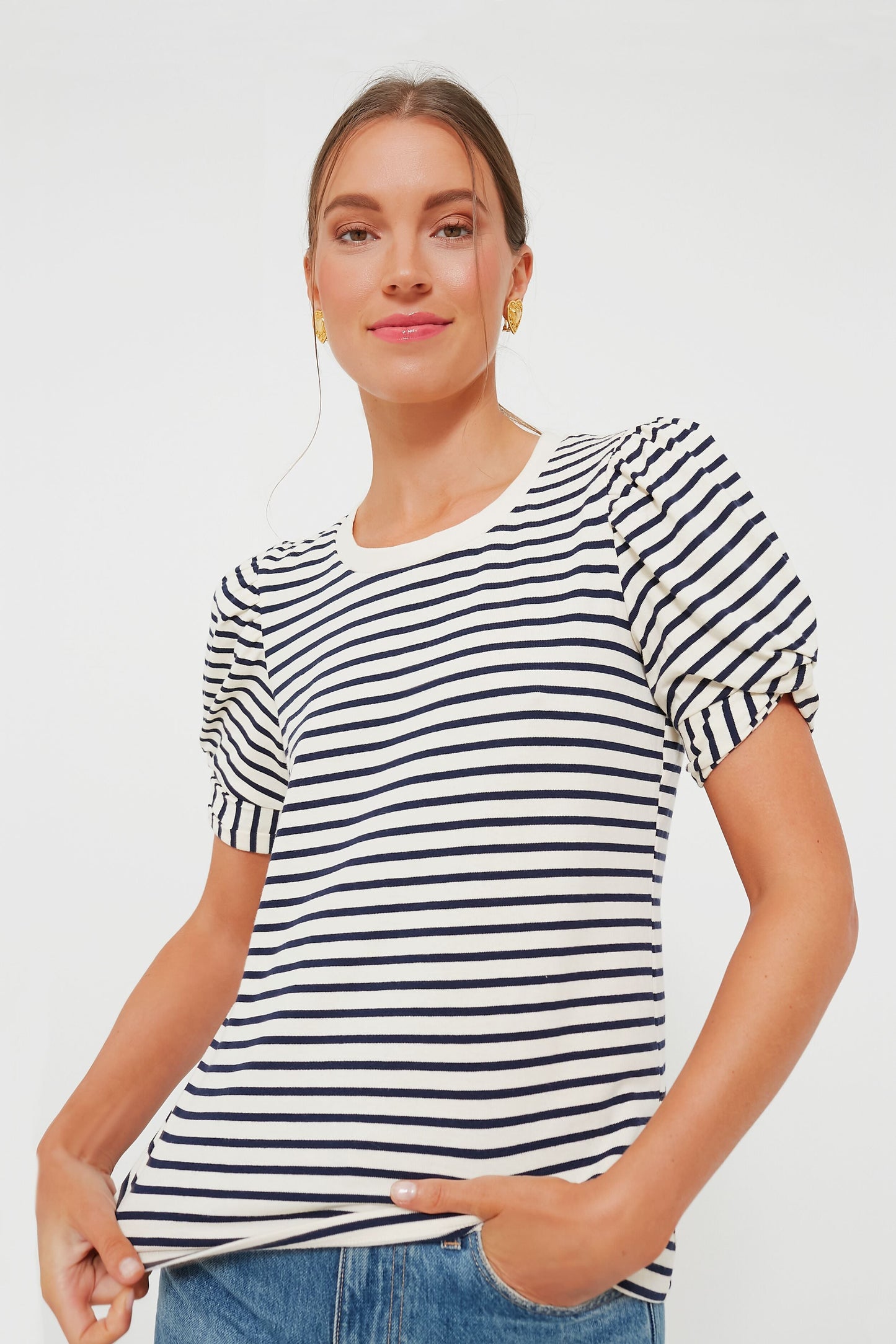 Navy Striped Vesty Puff Short Sleeve Crewneck