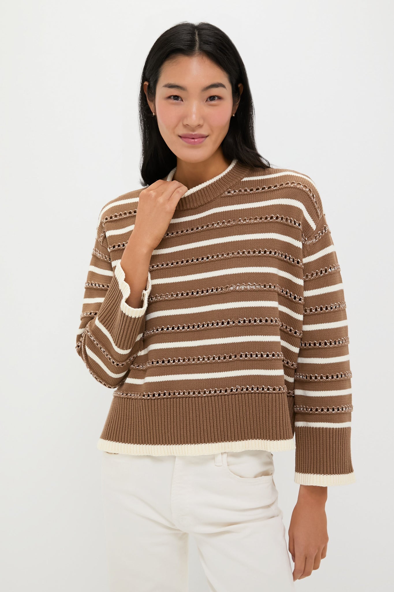Mocha and Ivory Pointelle Stripe Maxine Sweater