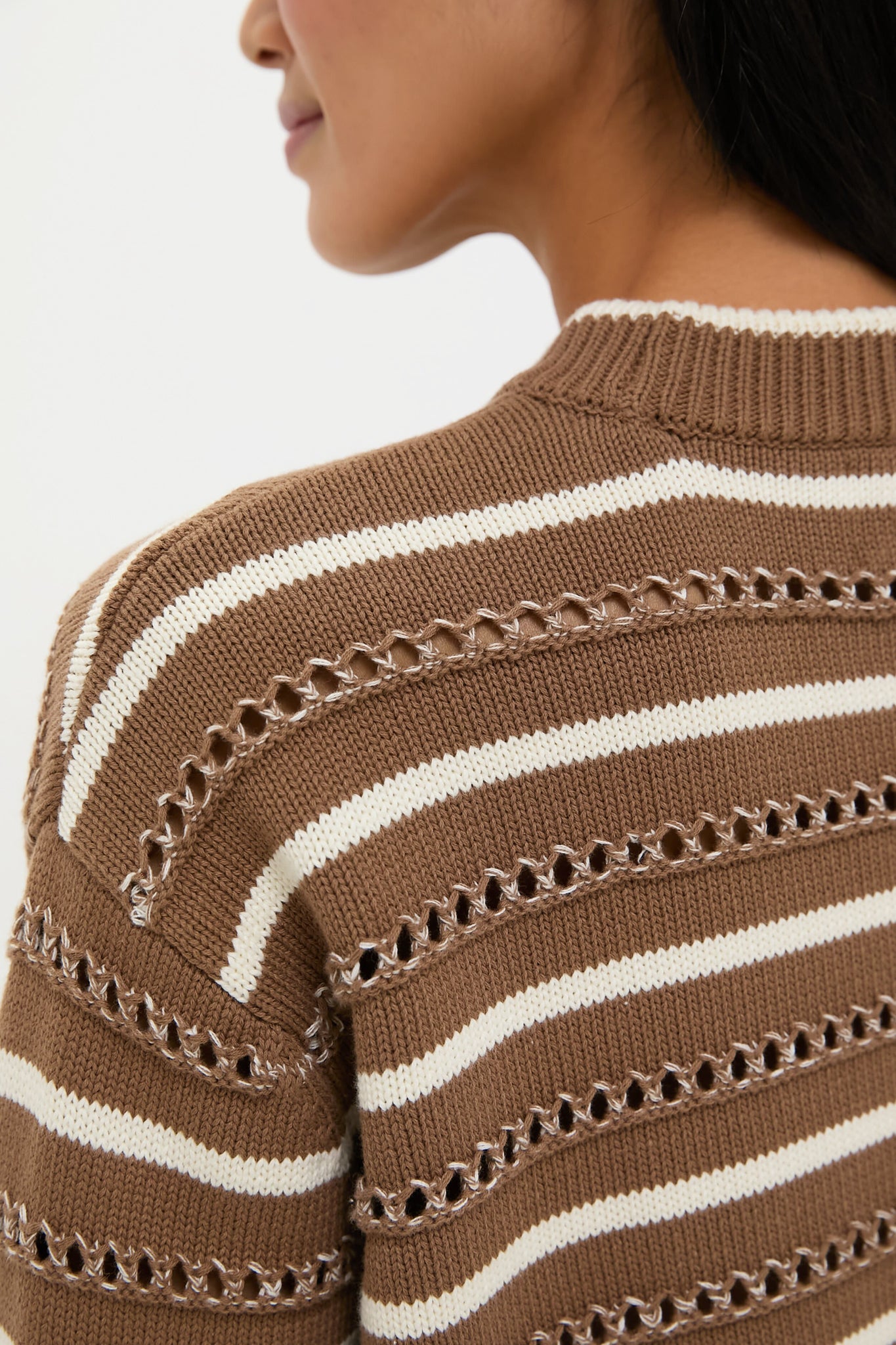 Mocha and Ivory Pointelle Stripe Maxine Sweater