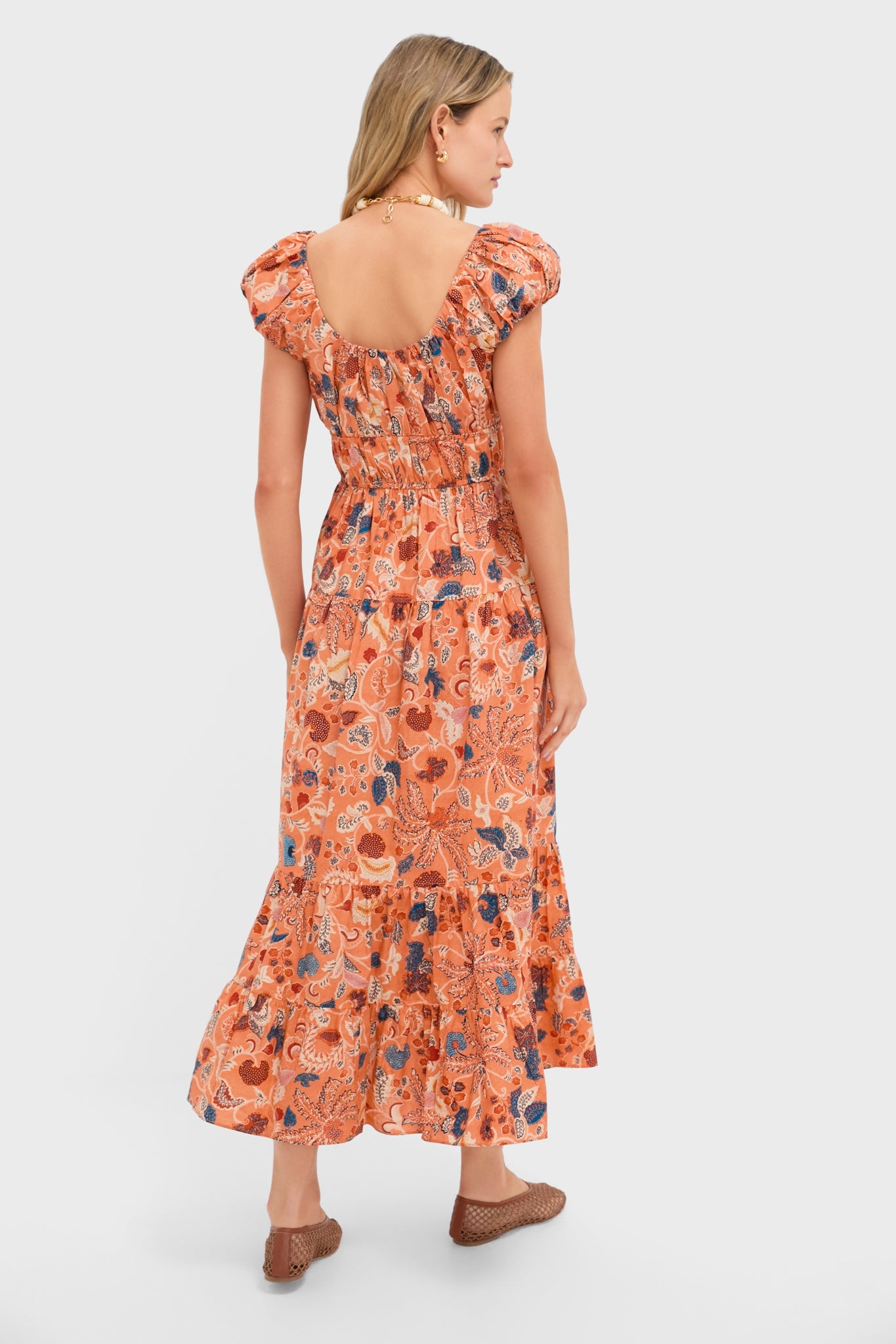 Coral Peony Paloma Cap Sleeve Midi Dress