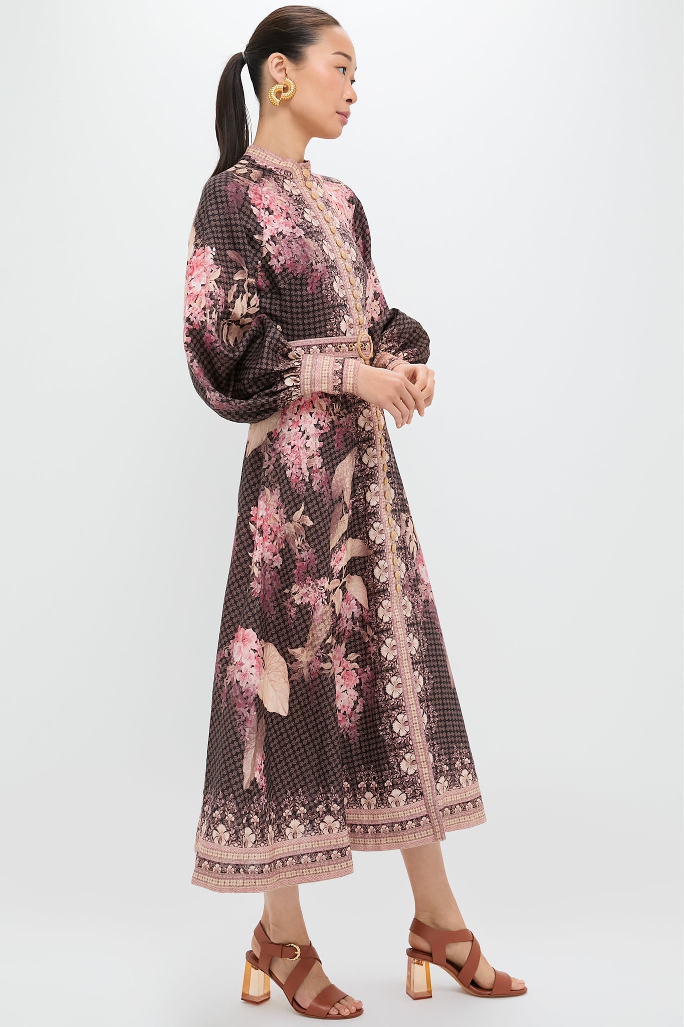 Black Floral Illuminate Buttoned Midi Dress