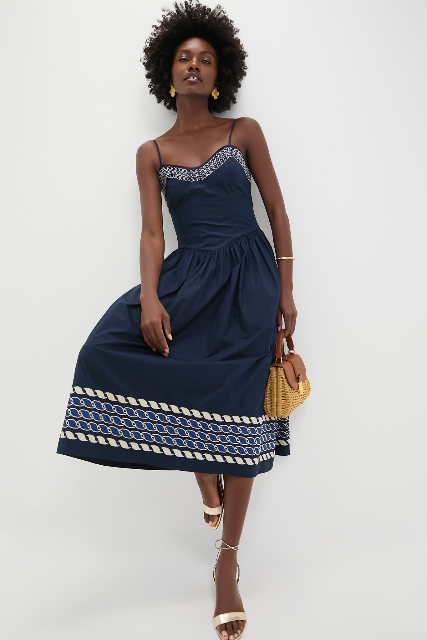 Navy High Tide Embroidered Stripe Gabriella Dress