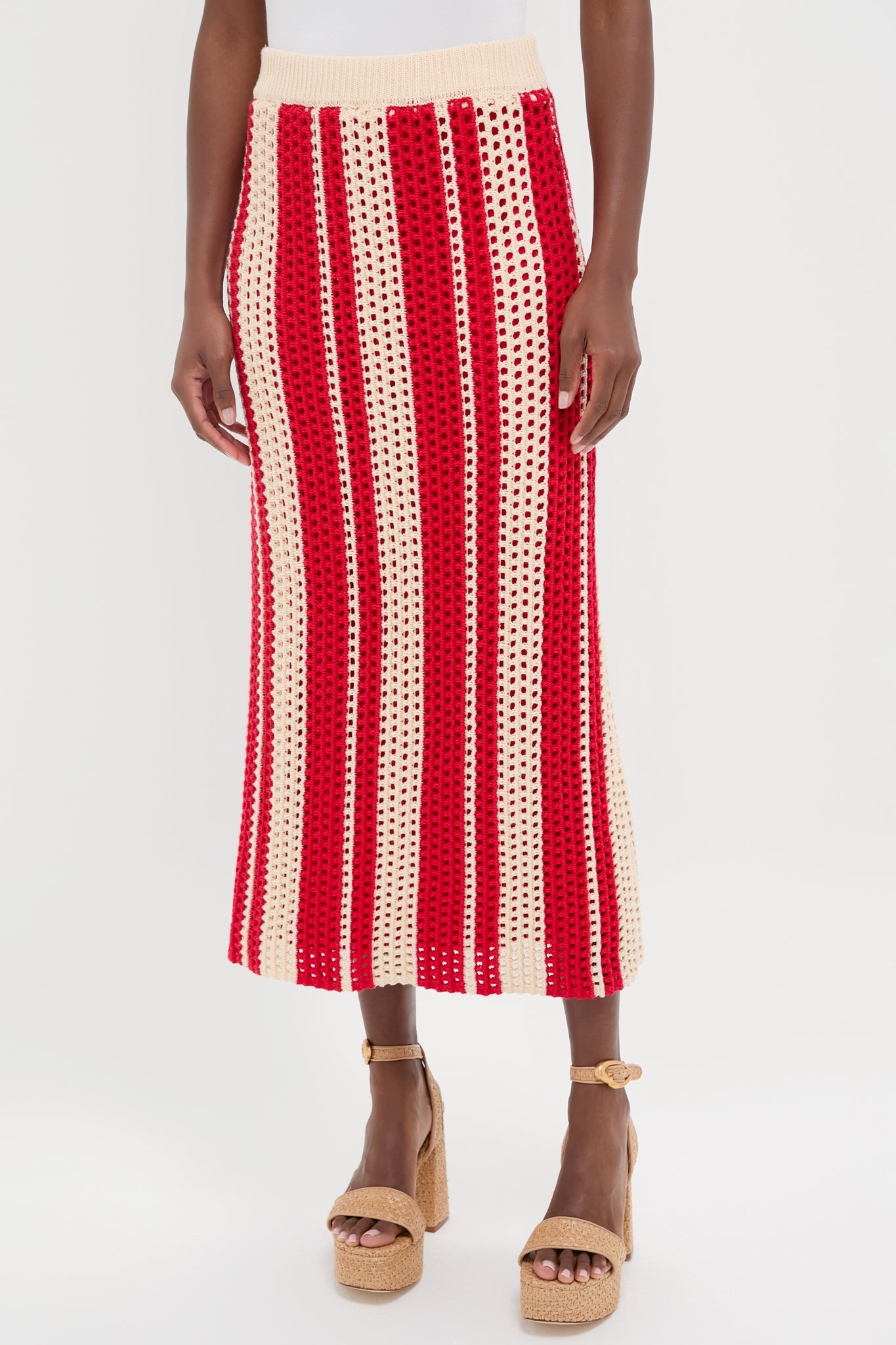 Burnt Red & Beige Striped Knit Ren Midi Skirt