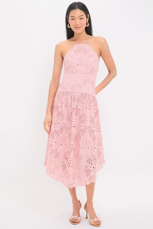 Palm Tree Eyelet Blush Pink Sleeveless Midi Dress