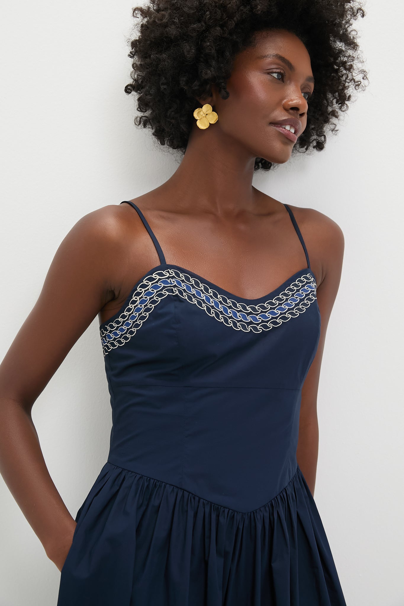 Navy High Tide Embroidered Stripe Gabriella Dress