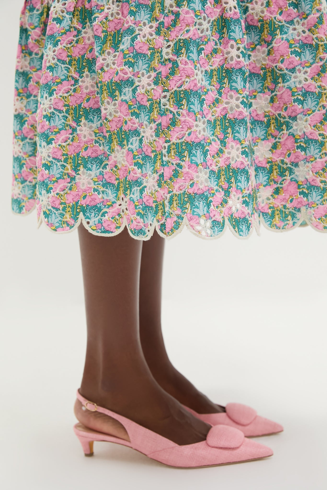 Pink Multi Floral Scalloped Eyelet Carter Midi Skirt