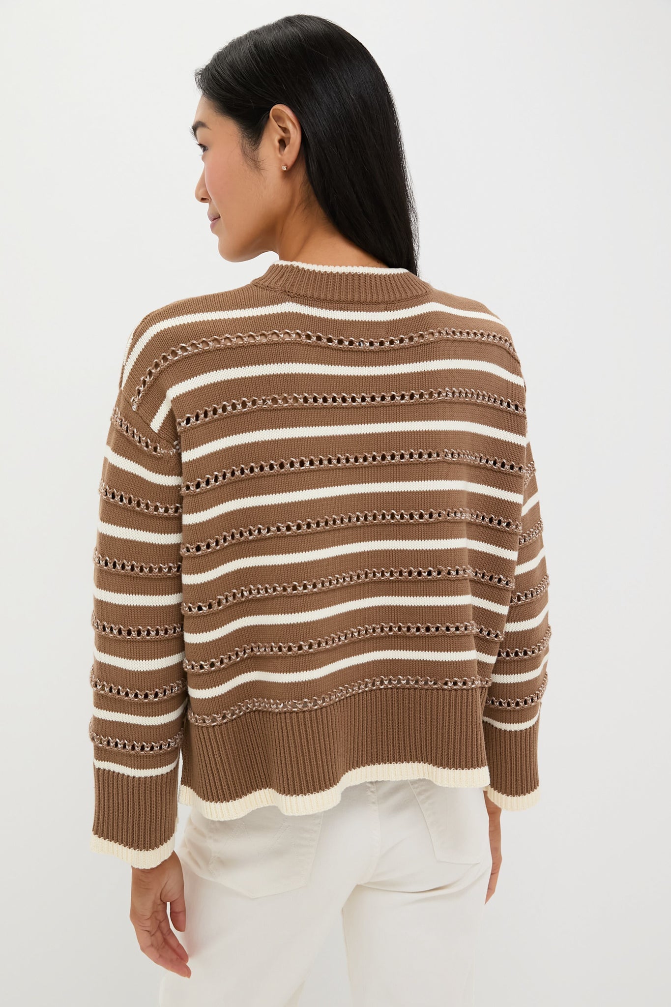 Mocha and Ivory Pointelle Stripe Maxine Sweater