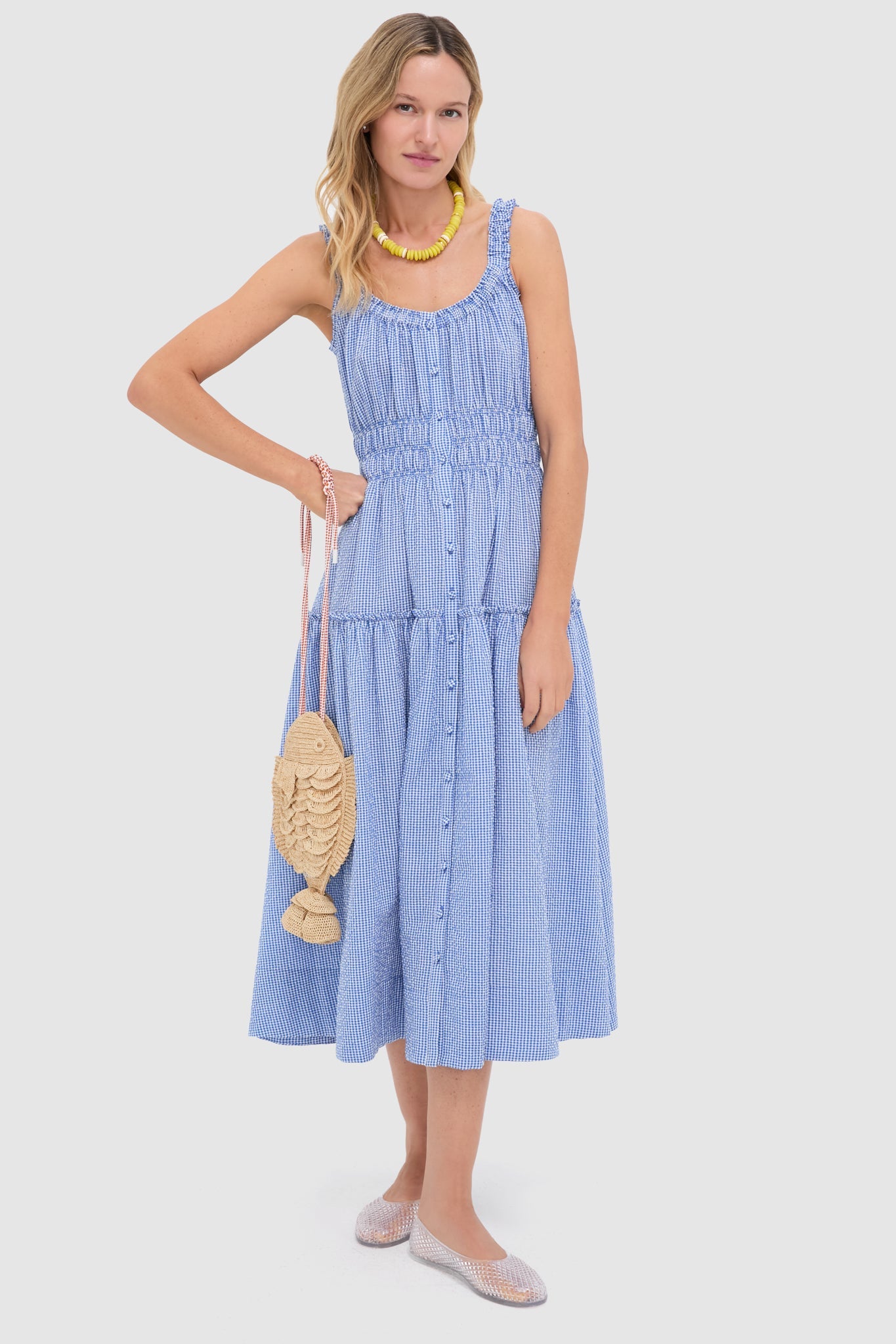 Blue and White Gingham Seersucker Landis Maxi Dress