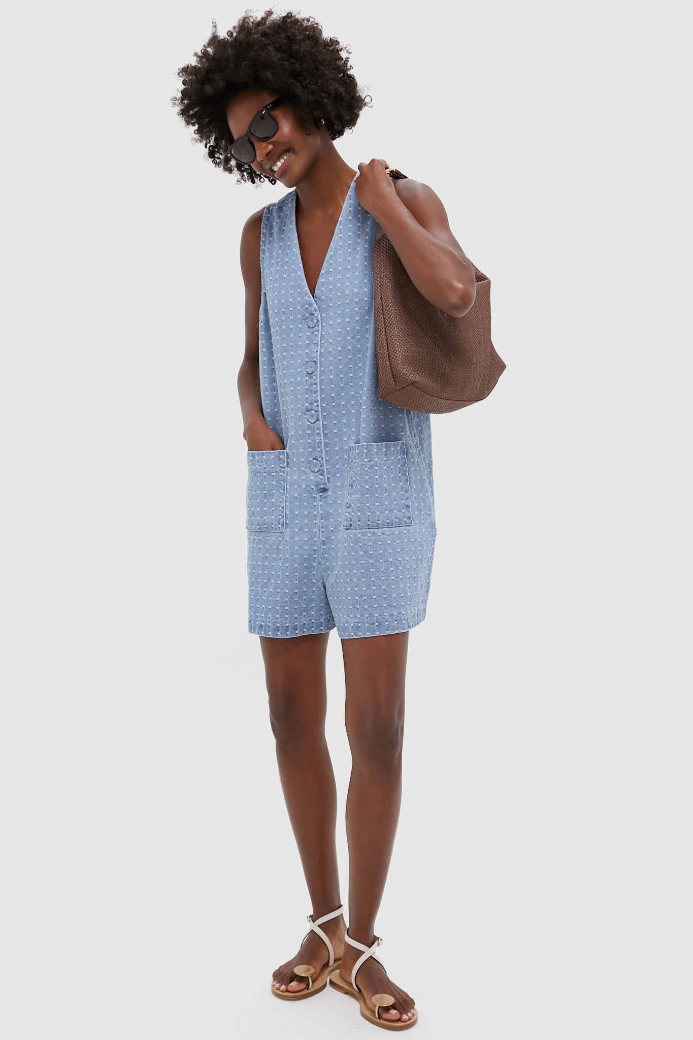 Light Wash Denim Dot Myla Romper