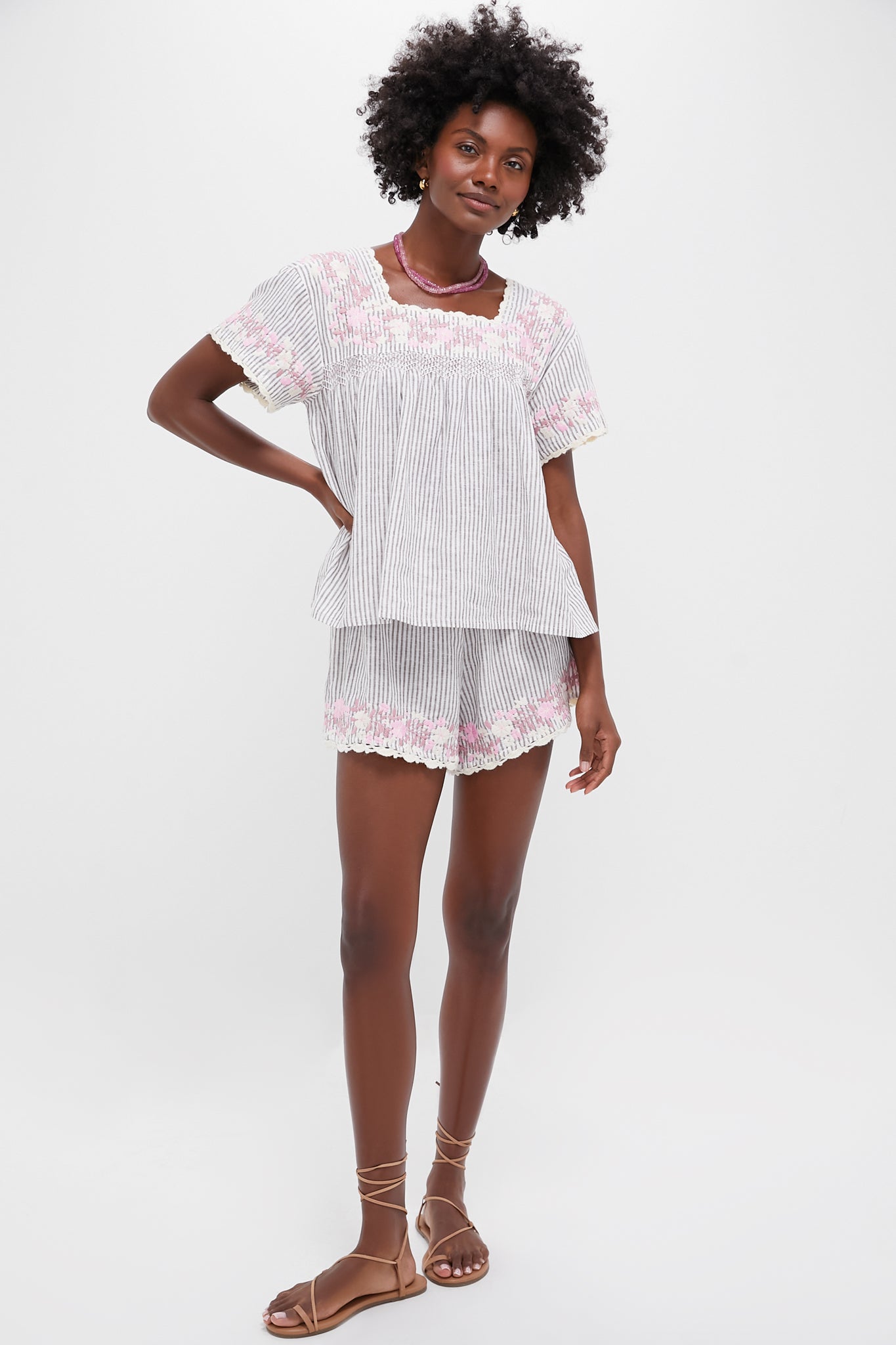 Tan Stripe Embroidered Floral Linen Kali Short