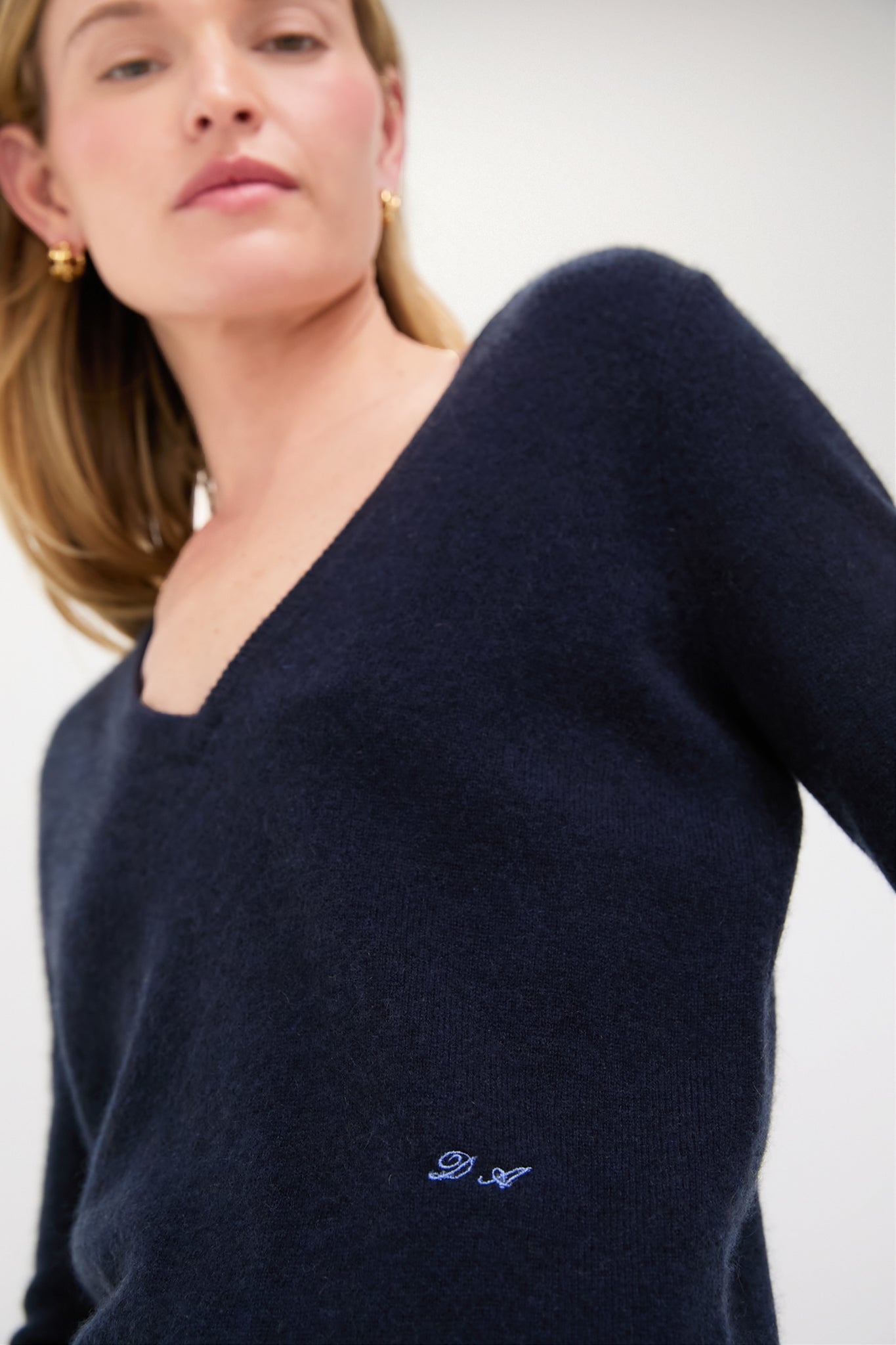 Navy Cashmere V-Neck Sweater
