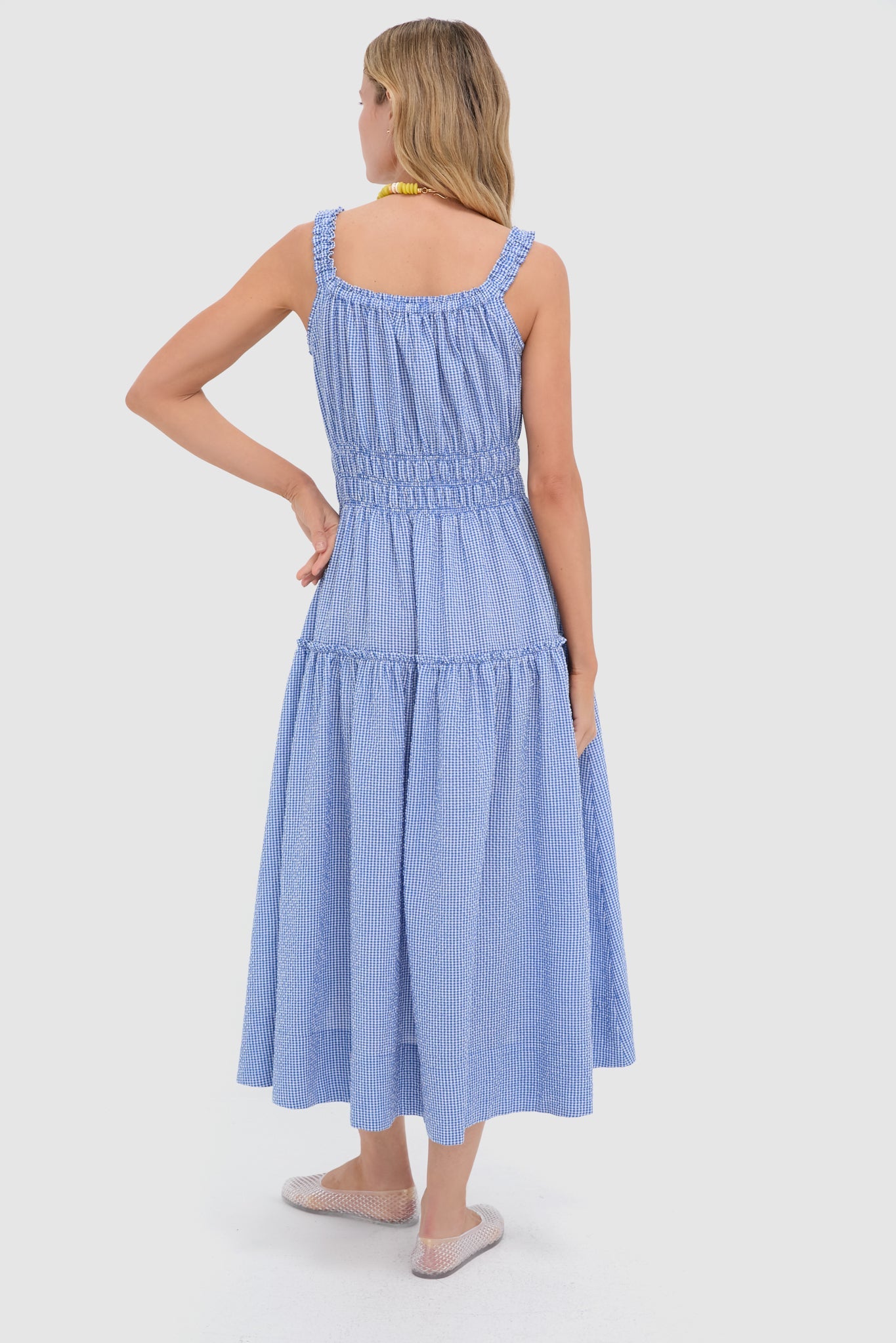 Blue and White Gingham Seersucker Landis Maxi Dress