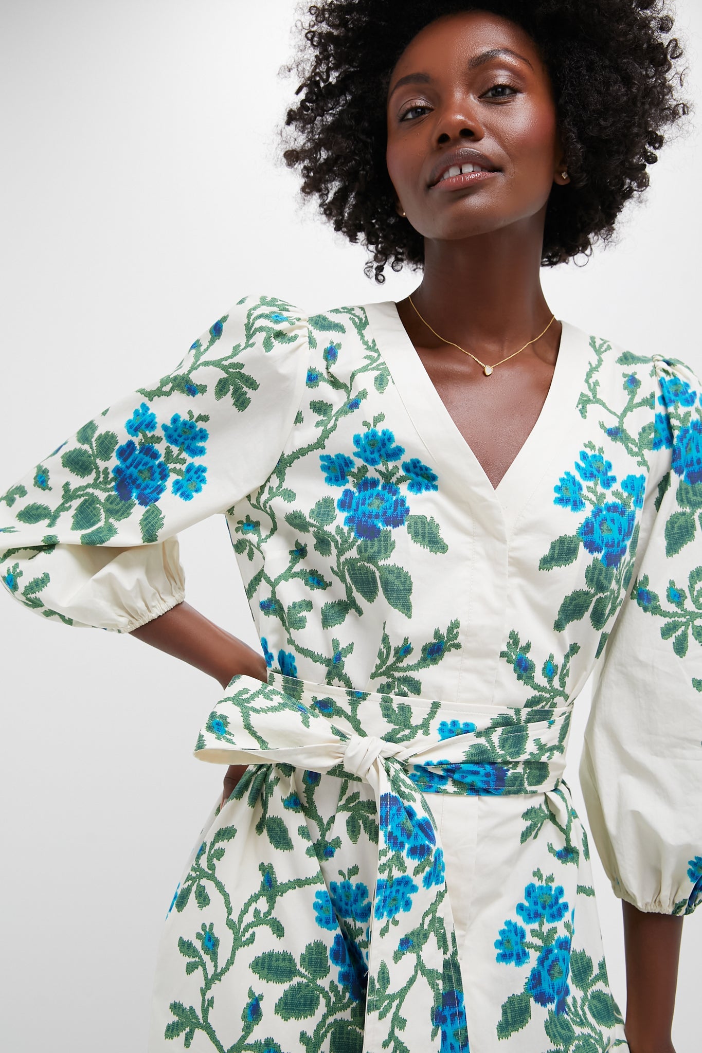Cerulean Vine Cotton Poplin Lachlan Dress