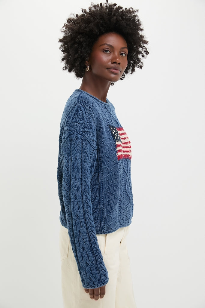 Indigo American Flag Long Sleeve Pullover Sweater