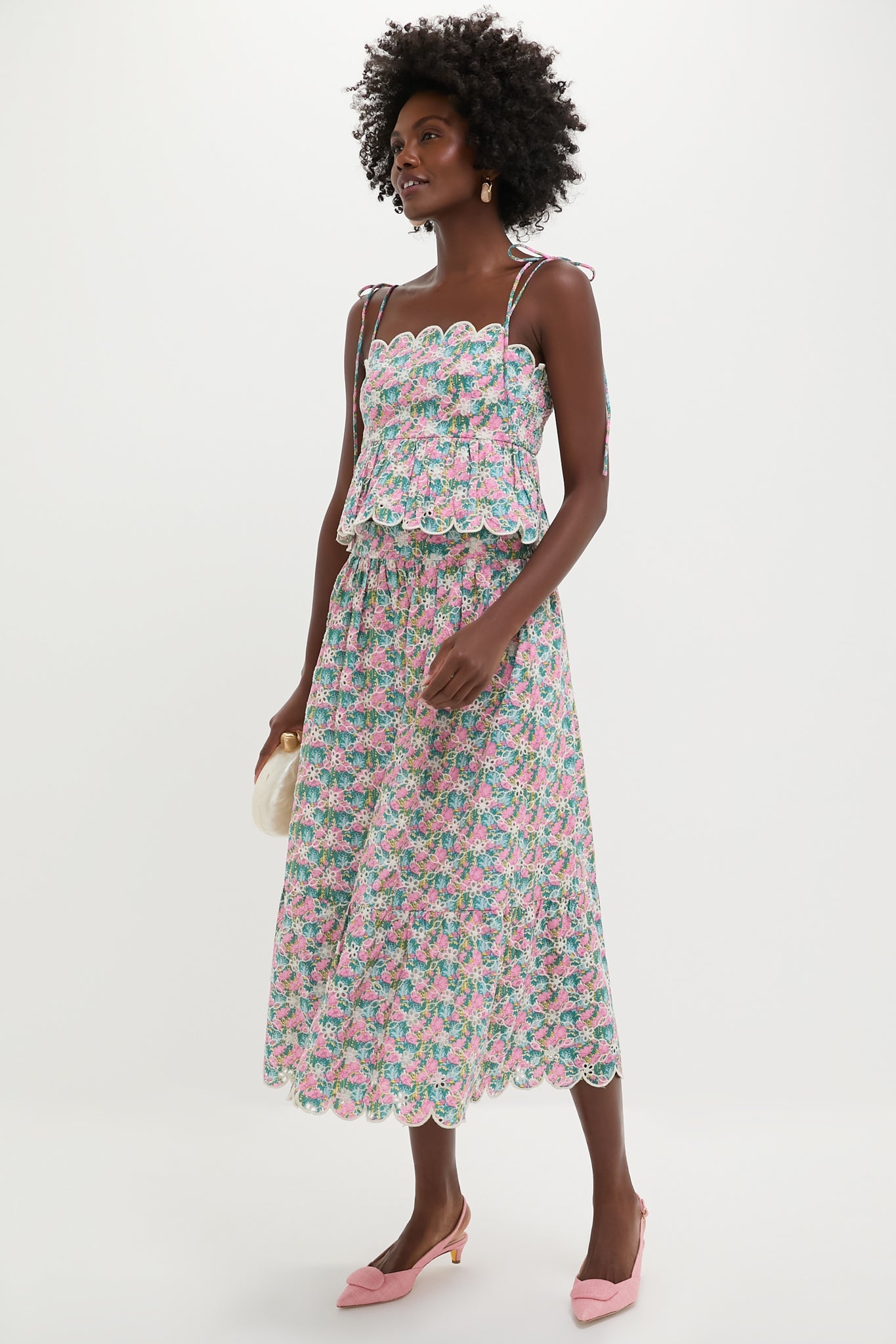 Pink Multi Floral Scalloped Eyelet Carter Midi Skirt