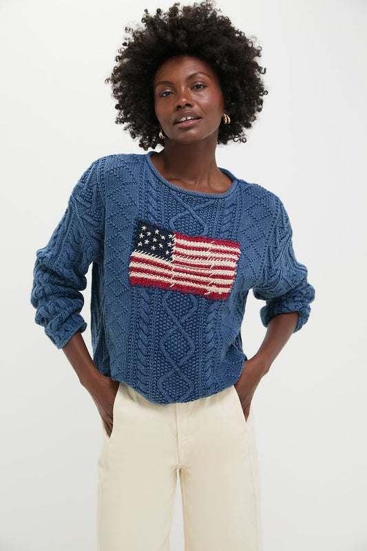 Indigo American Flag Long Sleeve Pullover Sweater