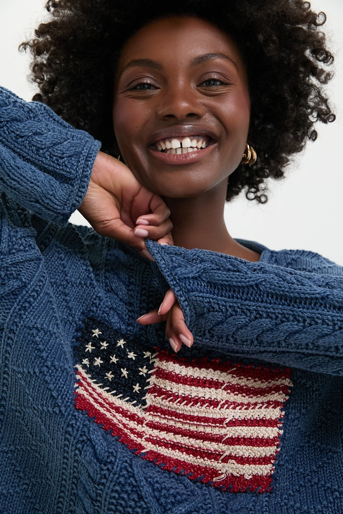 Indigo American Flag Long Sleeve Pullover Sweater