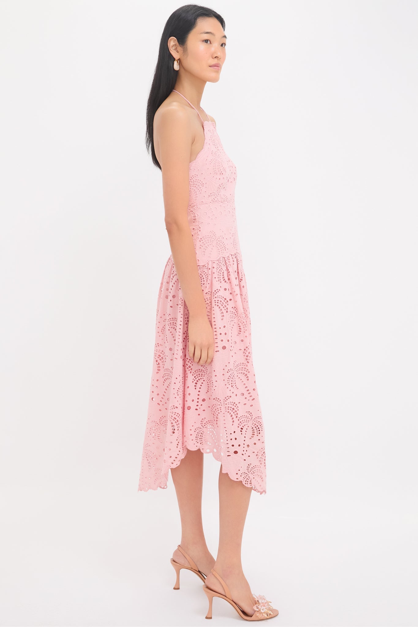 Palm Tree Eyelet Blush Pink Sleeveless Midi Dress
