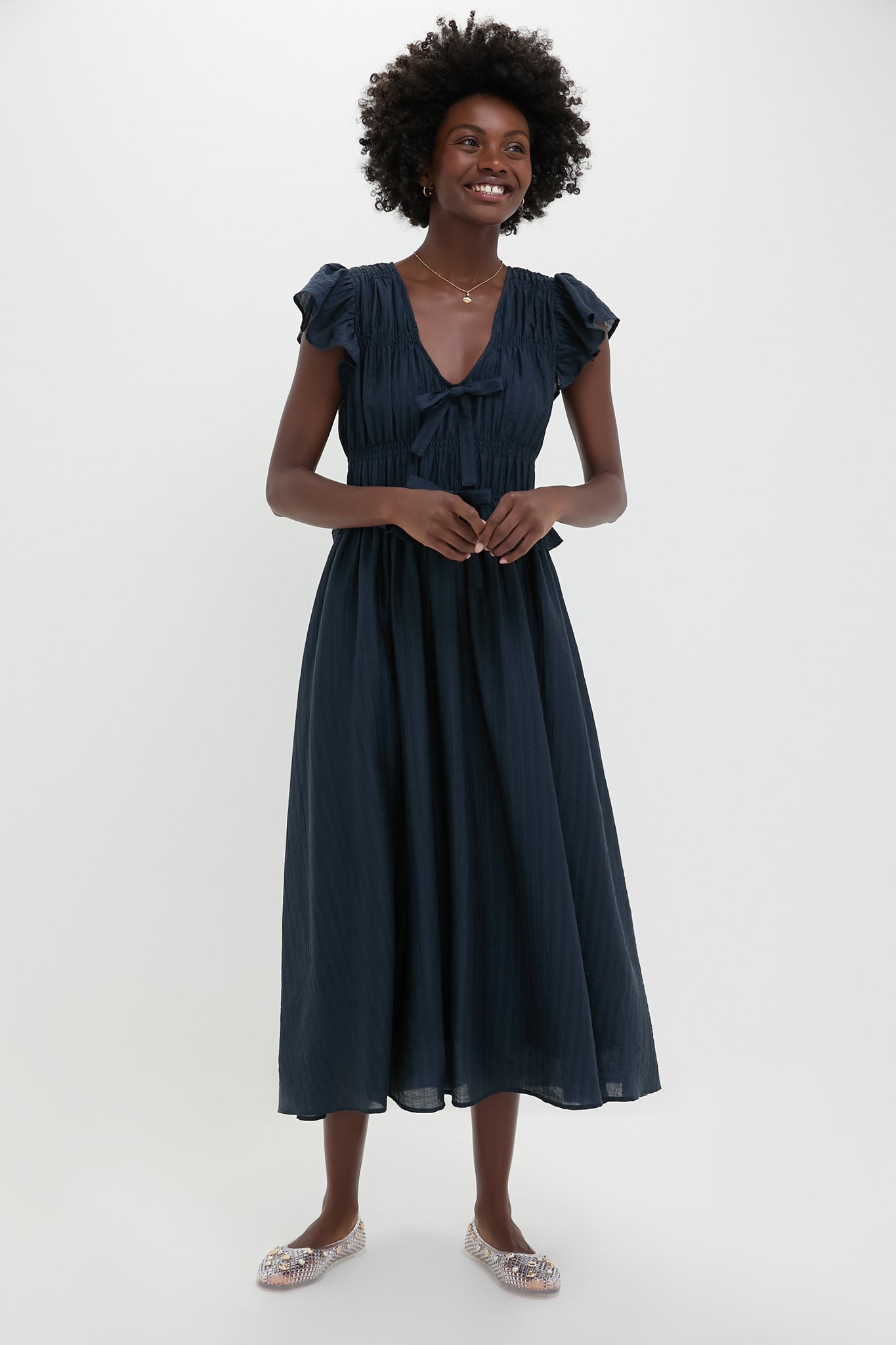 Navy Flutter Sleeve Tie Front Midi Dress