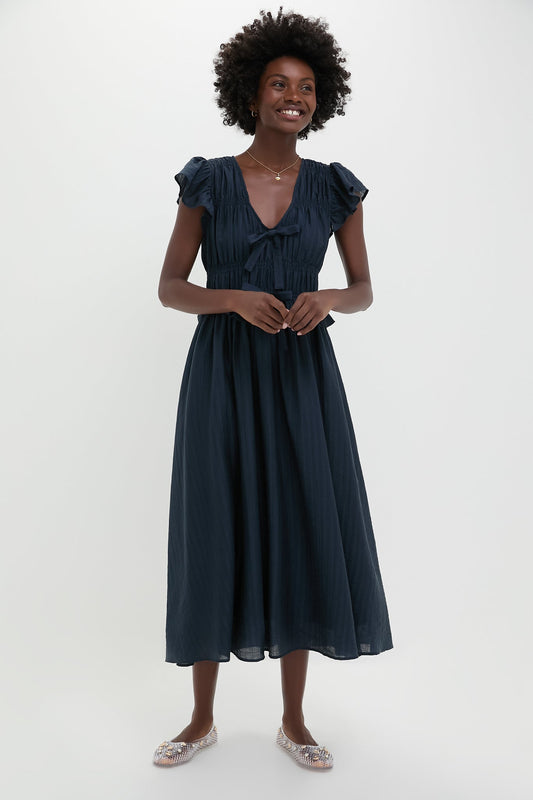 Navy Flutter Sleeve Tie Front Midi Dress
