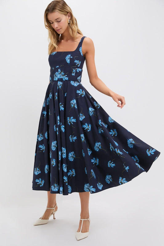 Blue Flowers on Navy Mona Midi Dress