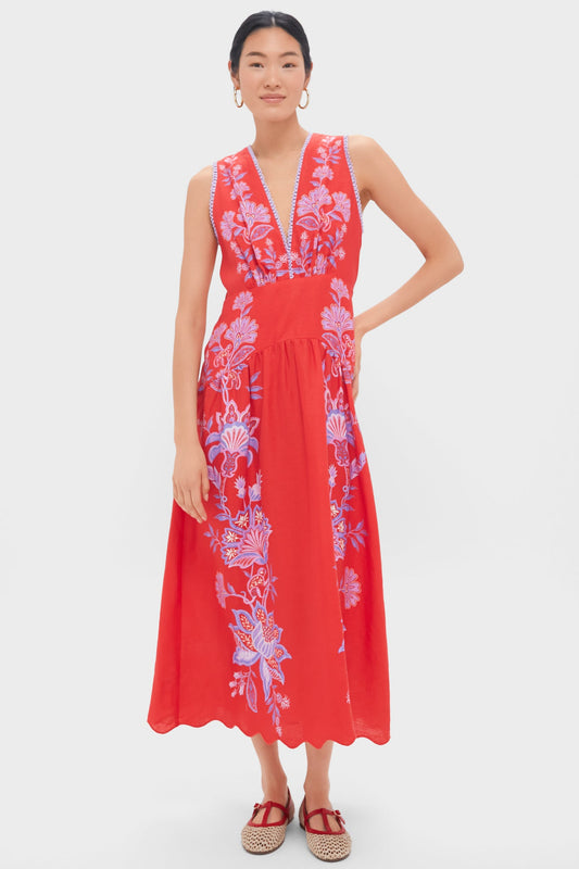Porcelain Garden Red Midi Dress
