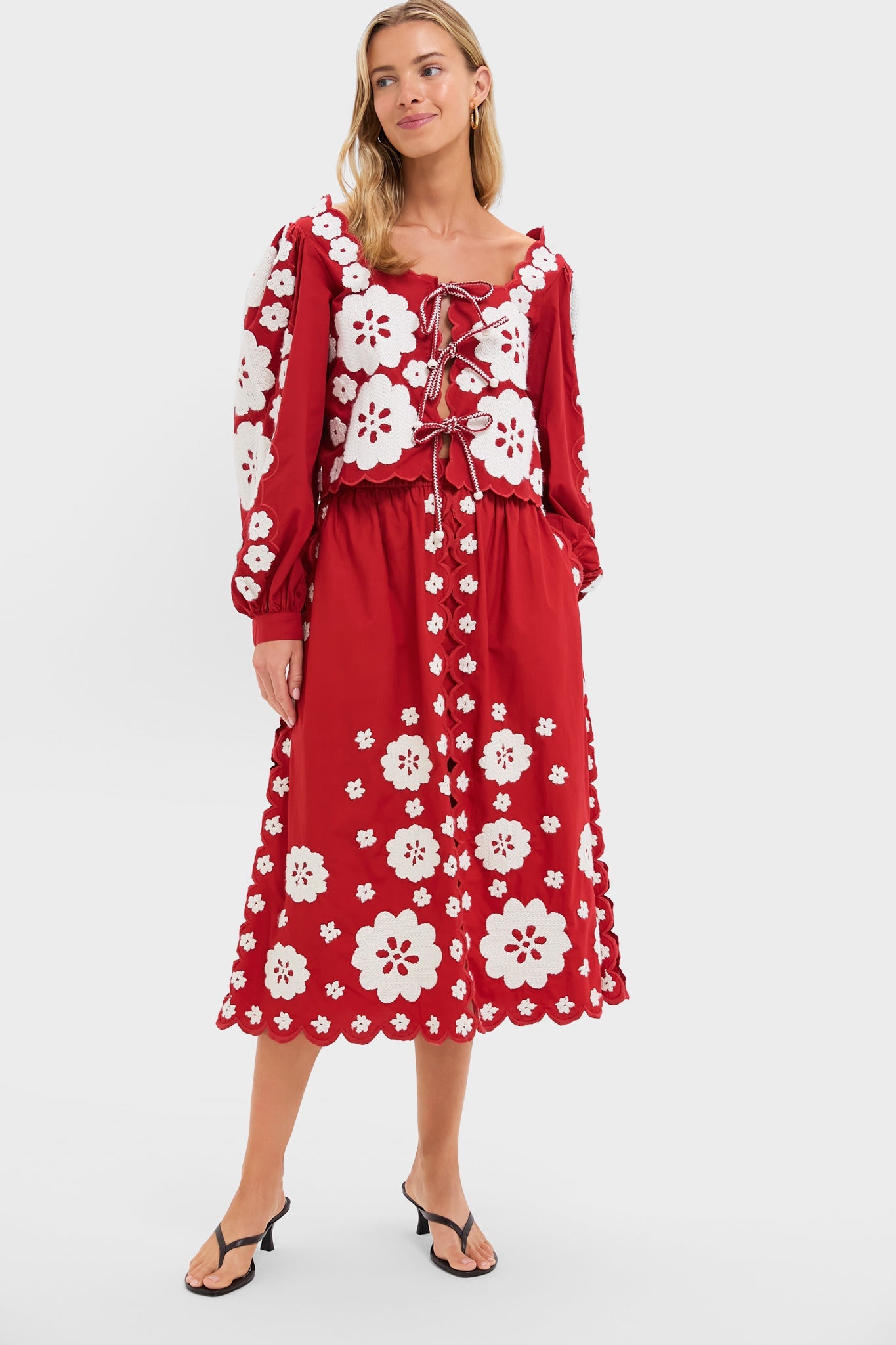 Red Catrine Applique Midi Scallop Skirt