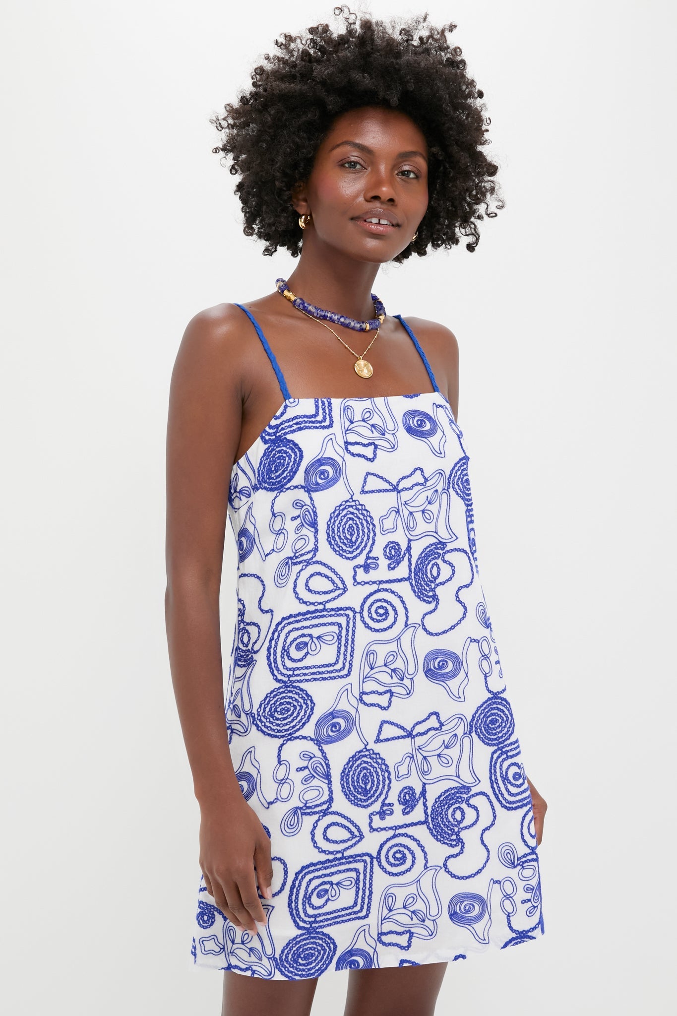 White & Royal Blue Applique Santorini Mini Dress