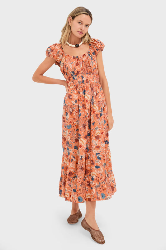 Coral Peony Paloma Cap Sleeve Midi Dress