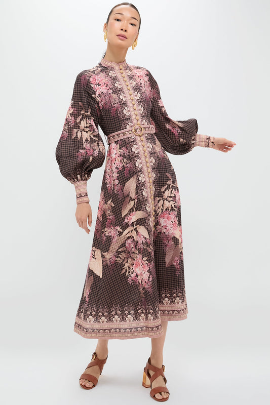 Black Floral Illuminate Buttoned Midi Dress