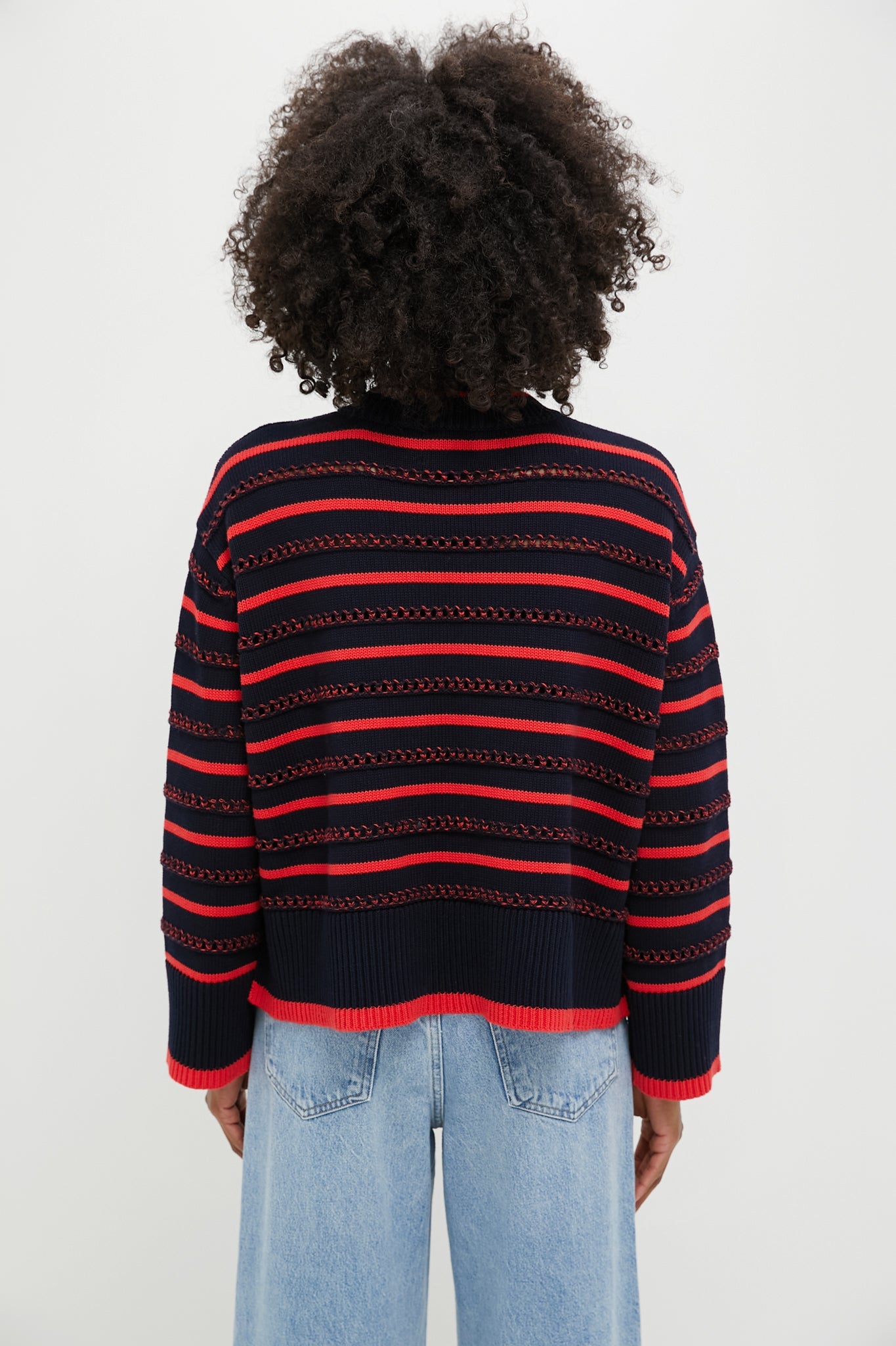 Navy and Red Pointelle Stripe Maxine Sweater