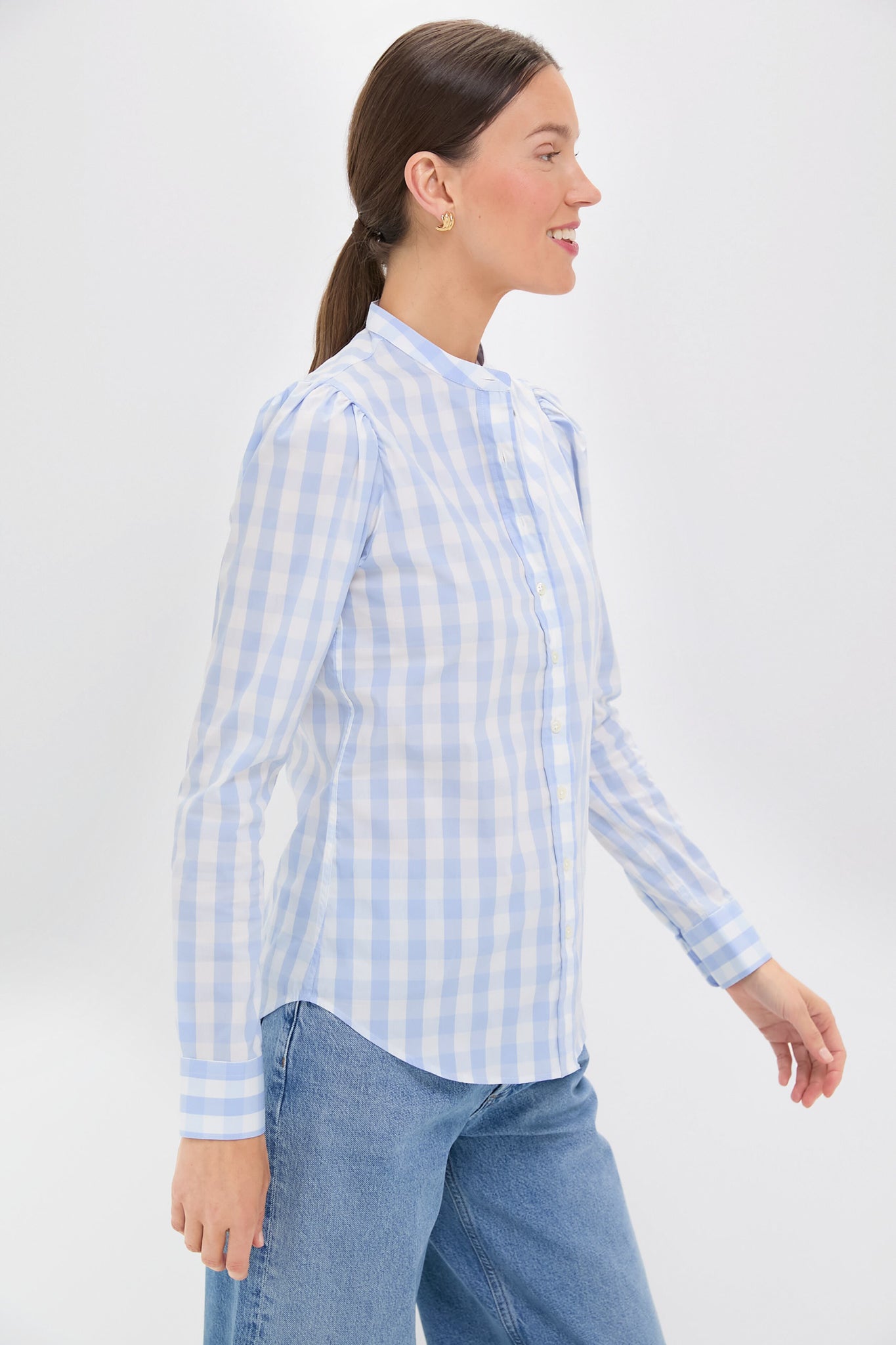 Exclusive Sky Blue Gingham Puffed Shoulder Shirt