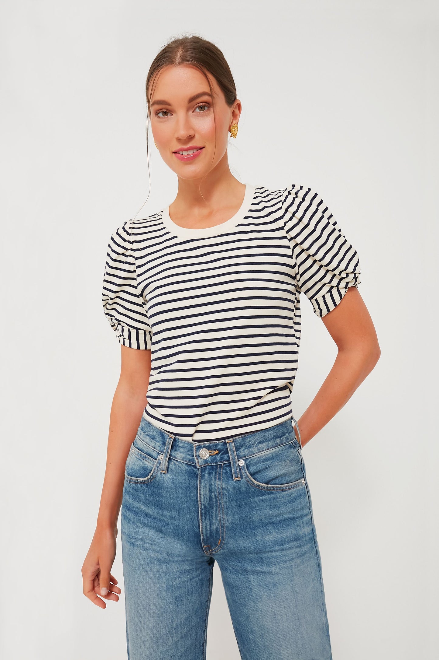 Navy Striped Vesty Puff Short Sleeve Crewneck