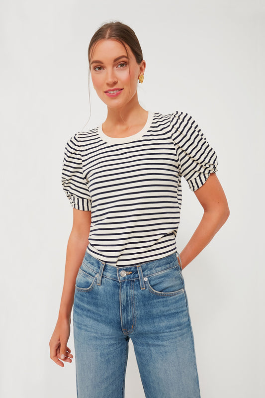 Navy Striped Vesty Puff Short Sleeve Crewneck