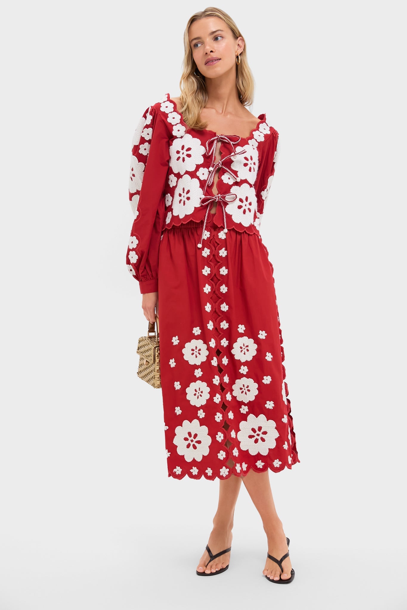 Red Catrine Applique Midi Scallop Skirt