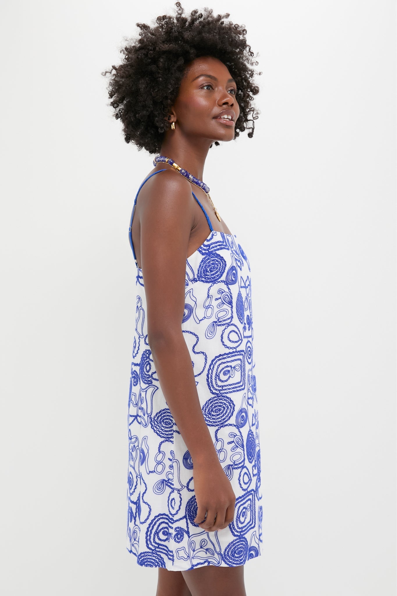 White & Royal Blue Applique Santorini Mini Dress
