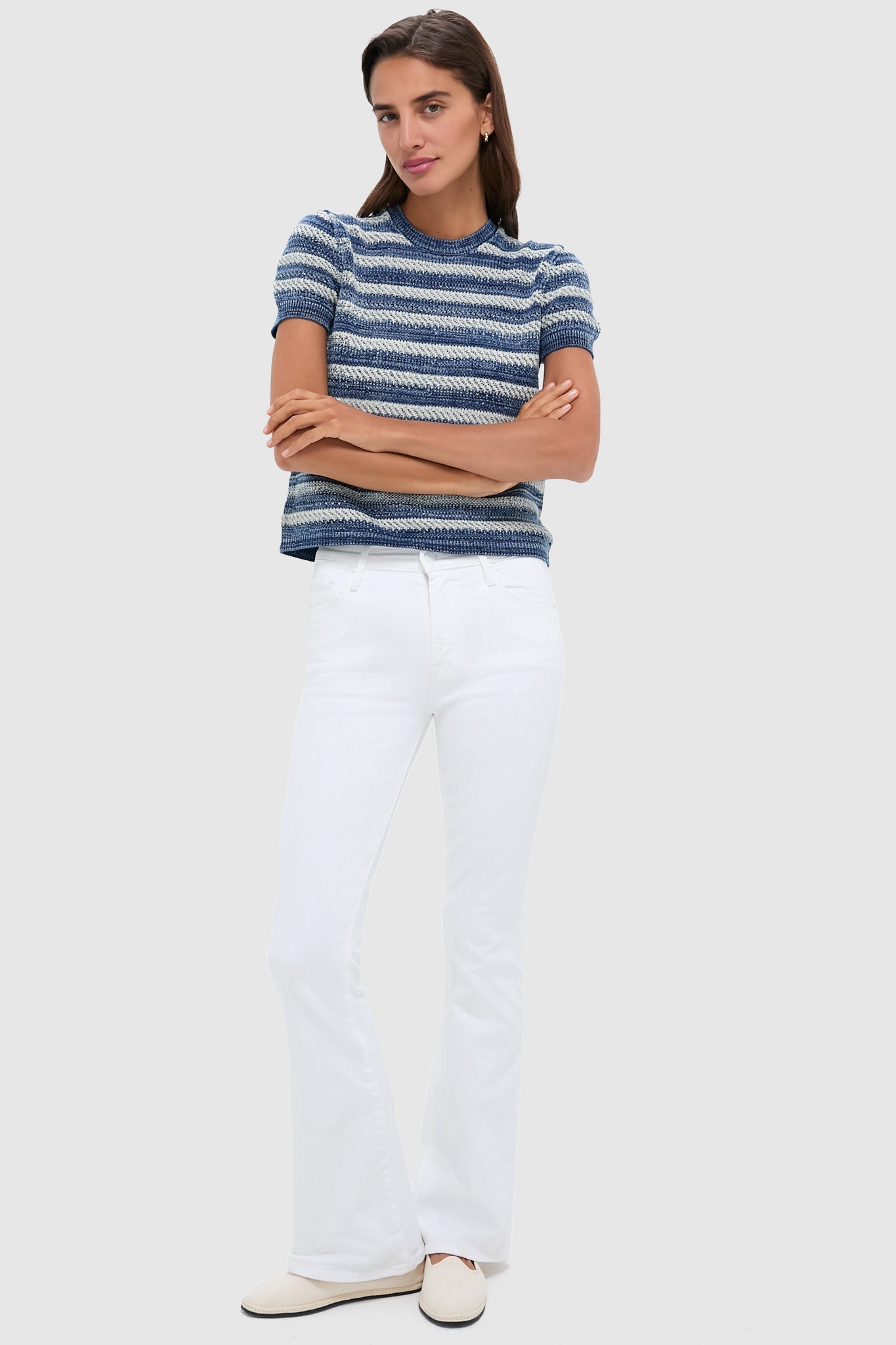 Indigo and Ecru Short Sleeve Pullover Sweater