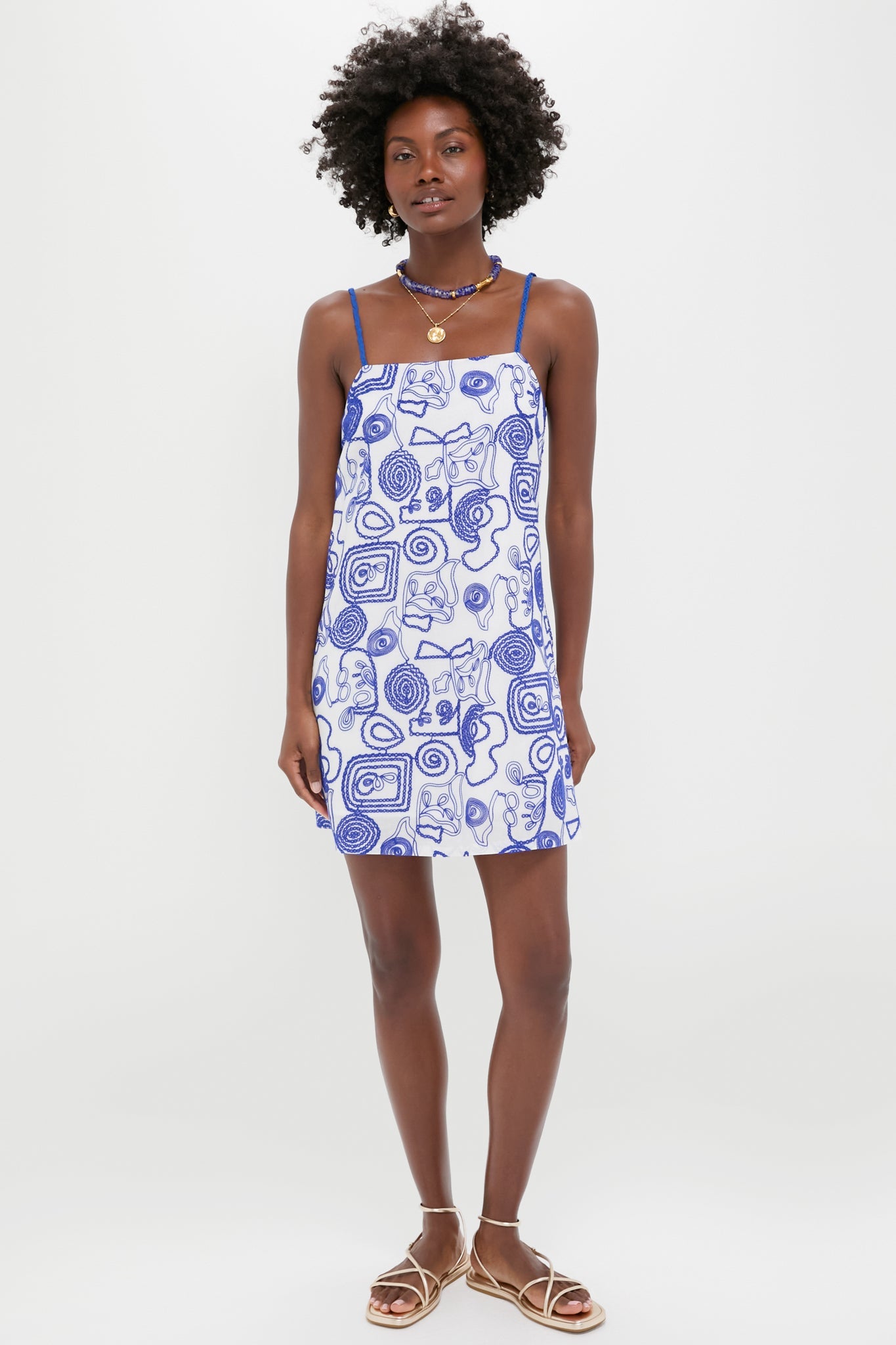 White & Royal Blue Applique Santorini Mini Dress