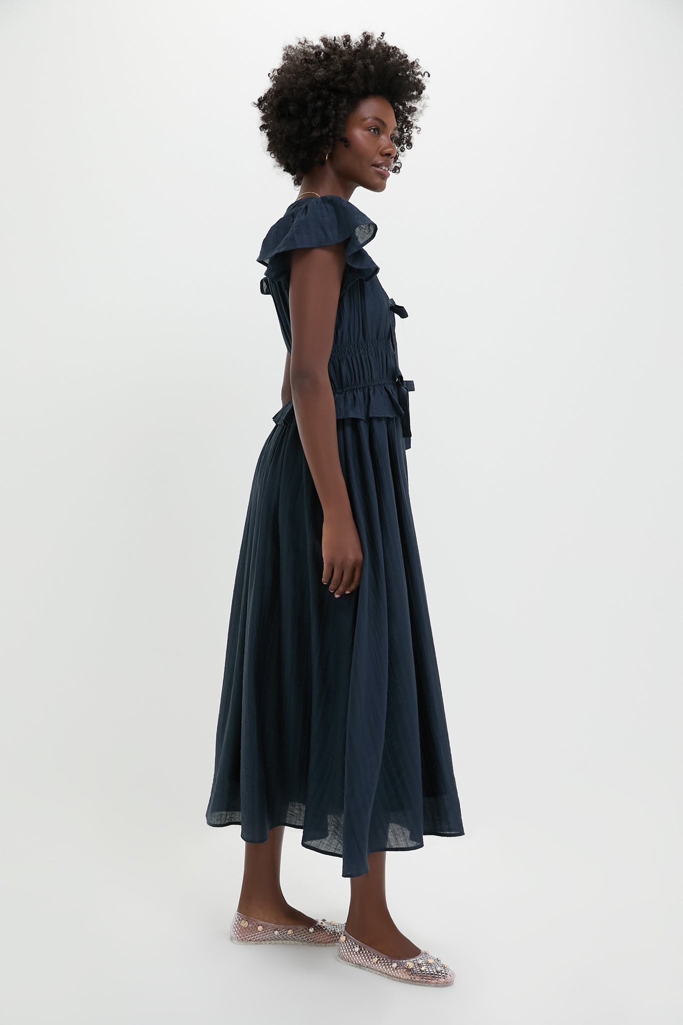 Navy Flutter Sleeve Tie Front Midi Dress