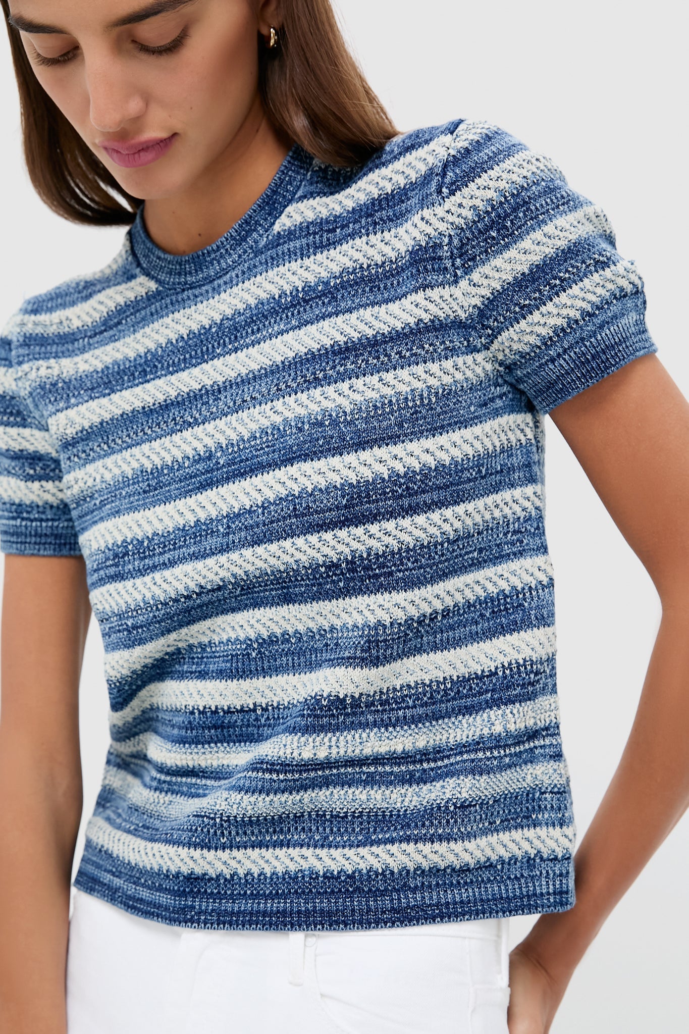 Indigo and Ecru Short Sleeve Pullover Sweater