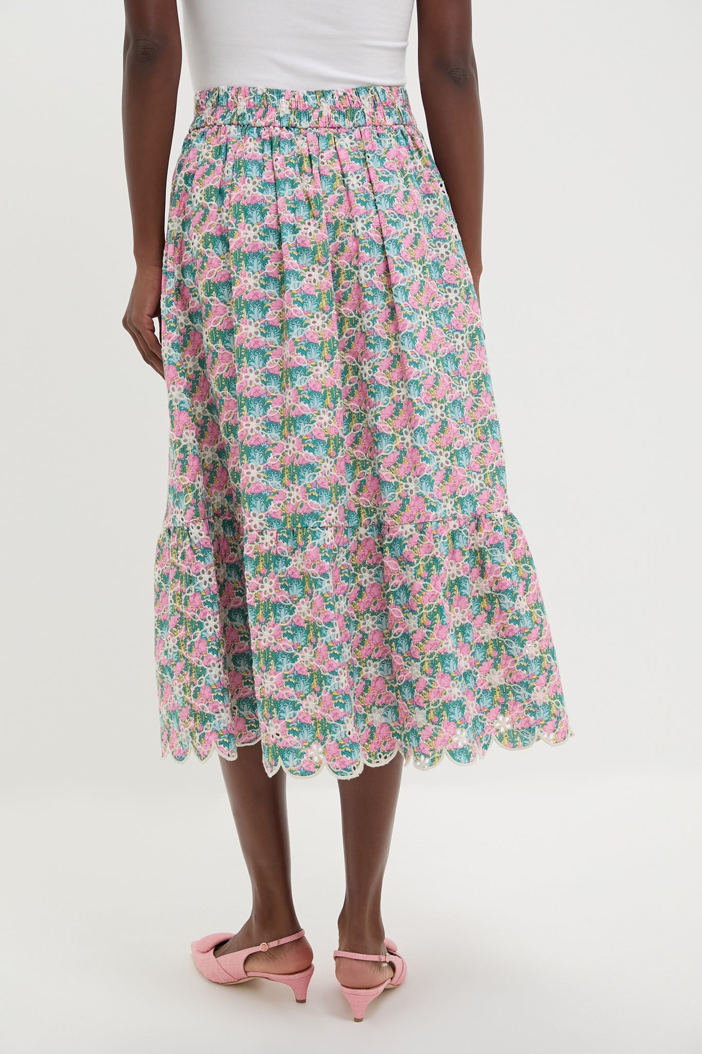 Pink Multi Floral Scalloped Eyelet Carter Midi Skirt