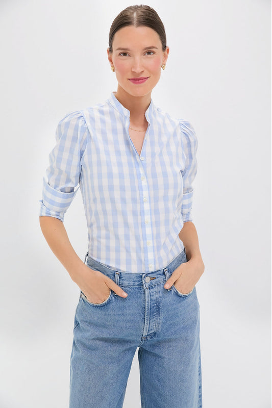 Exclusive Sky Blue Gingham Puffed Shoulder Shirt