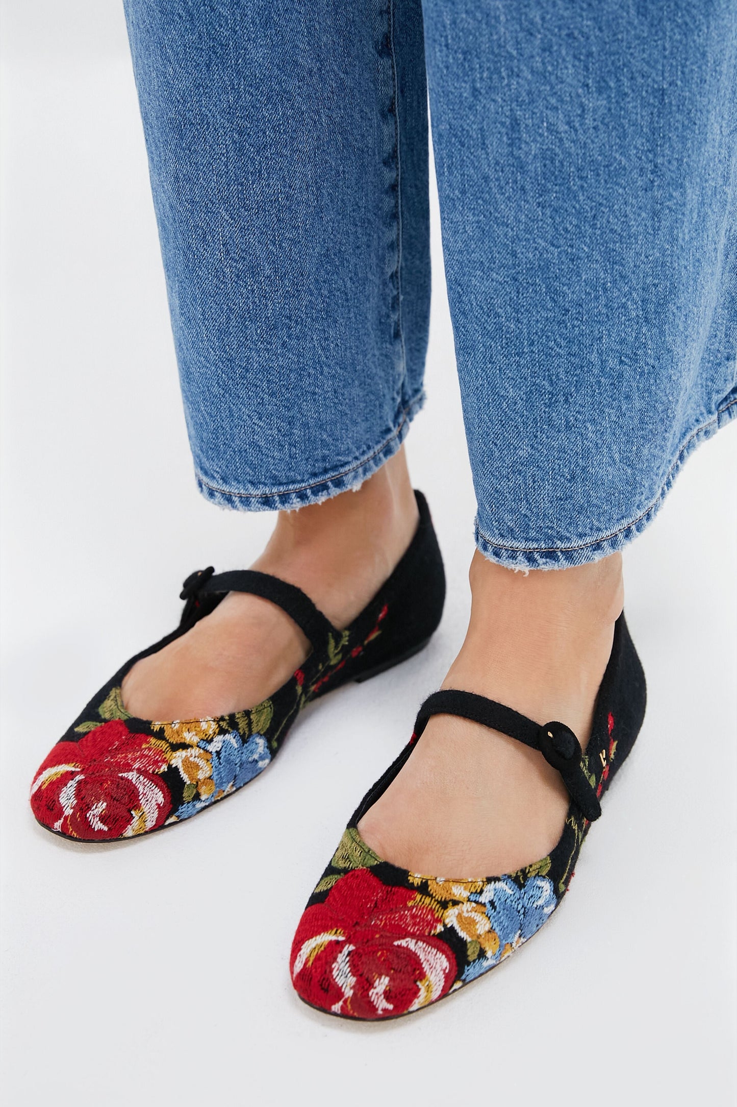 Larroude x Markarian Floral Wool and Black Embroidery Flats