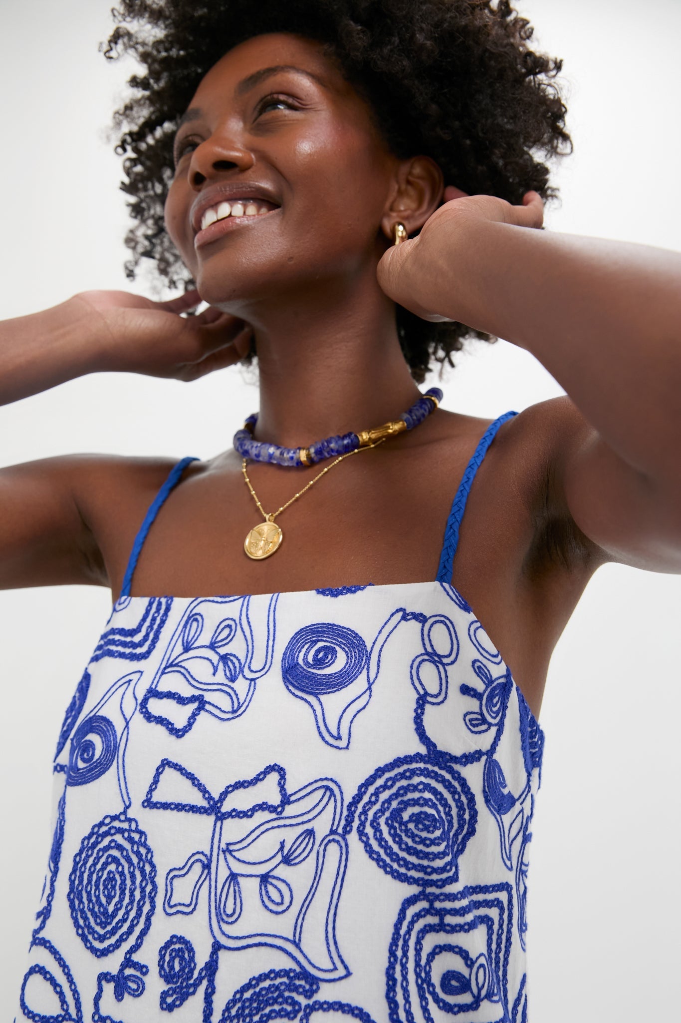 White & Royal Blue Applique Santorini Mini Dress
