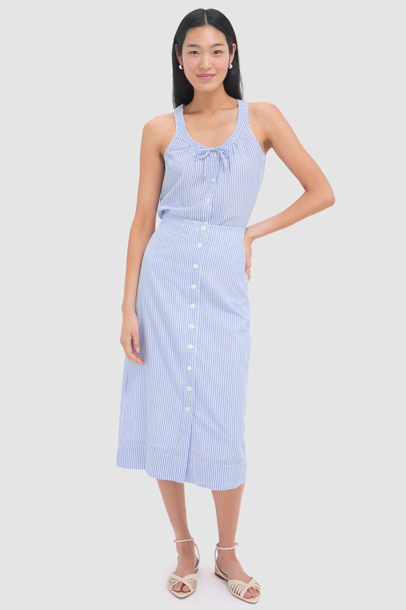 Blue and White Button Front Skirt