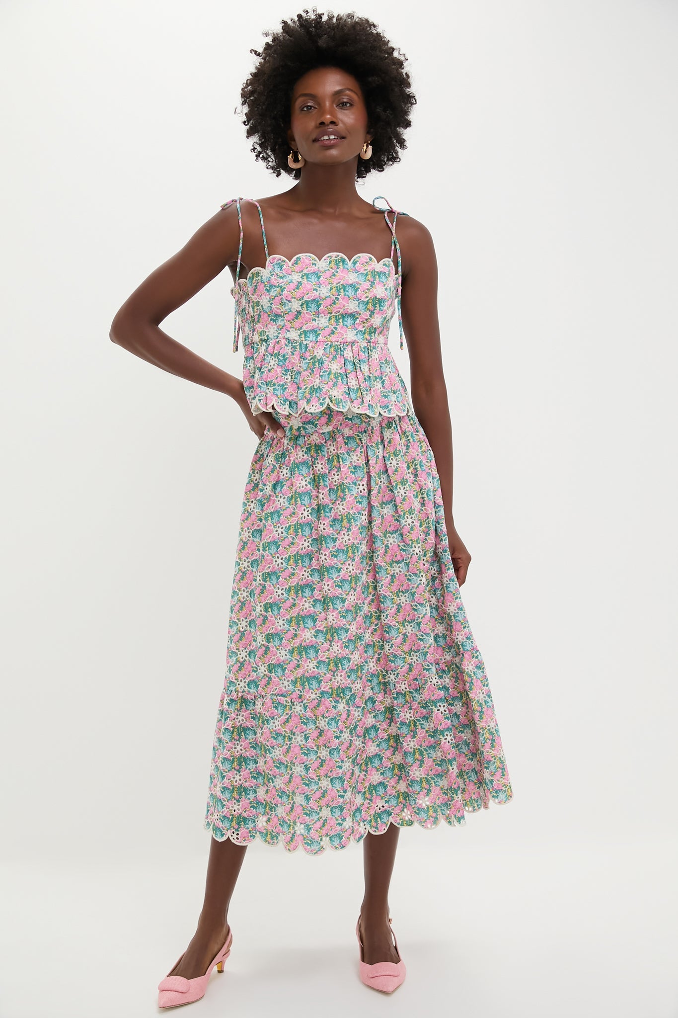 Pink Multi Floral Scalloped Eyelet Carter Midi Skirt