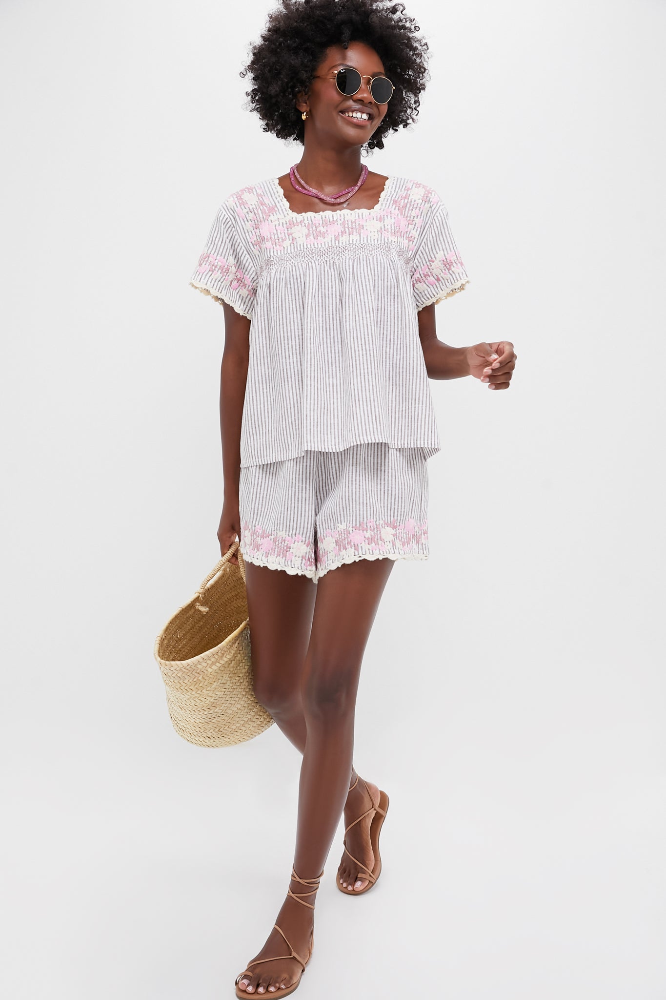 Tan Stripe Embroidered Floral Linen Kali Short
